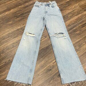 Zara Blue Flare Wide Leg Jeans with Distressed Details